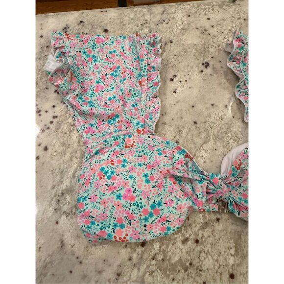 Pink Lily Light Blue Ditsy Floral Print Flutter Sleeve Bikini sz XL NWOT - Picture 3 of 10